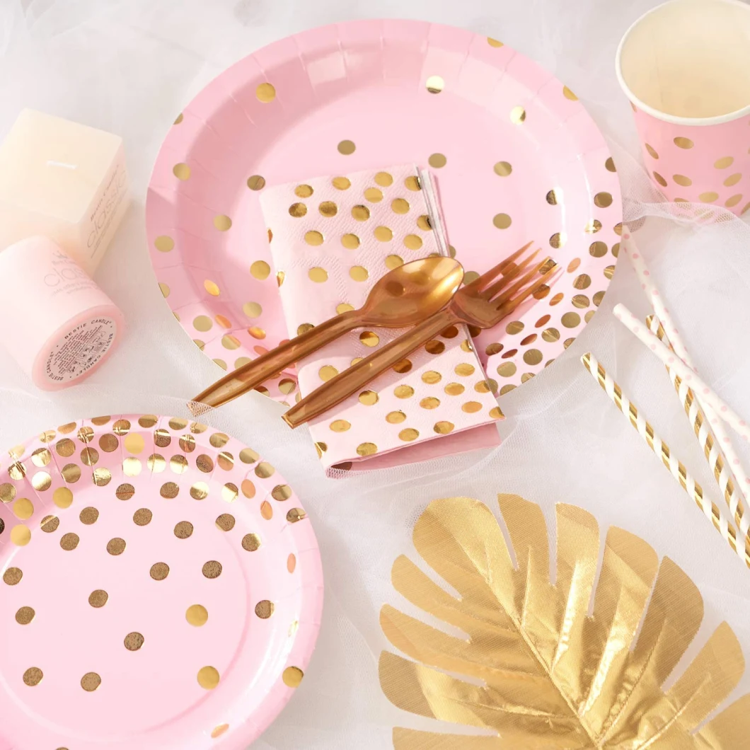 Decorlife Pink Paper Plates Serve 50, Party Plates and Drinking Straws Included for Pink and Gold Birthday Party Supplies, Total 400PCS