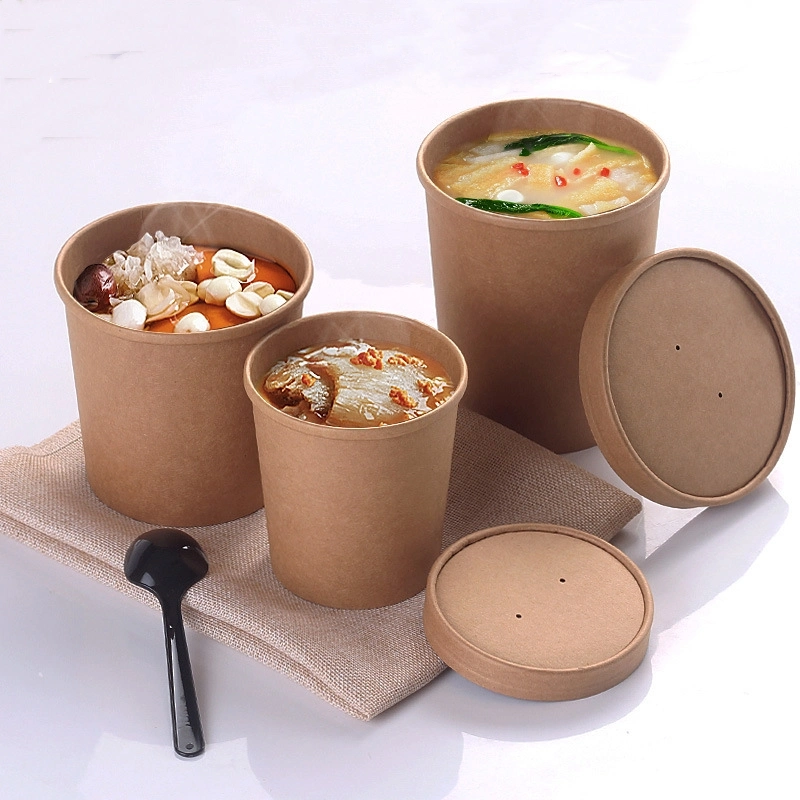 Ecofriendly Biodegradable Compostable Single Wall Cup Kraft Paper Popcorn Bucket for Hot Soup
