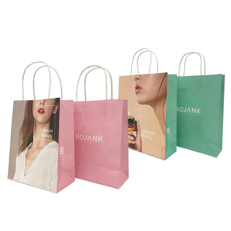 Custom Made Logo Print Fashionable Restaurant Takeaway Packaging Grab Twisted Handle Gift Grocery Shopping Pink Kraft Paper Bag
