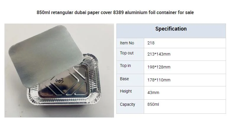 850ml Retangular Dubai Paper Cover 8389 Aluminium Foil Container