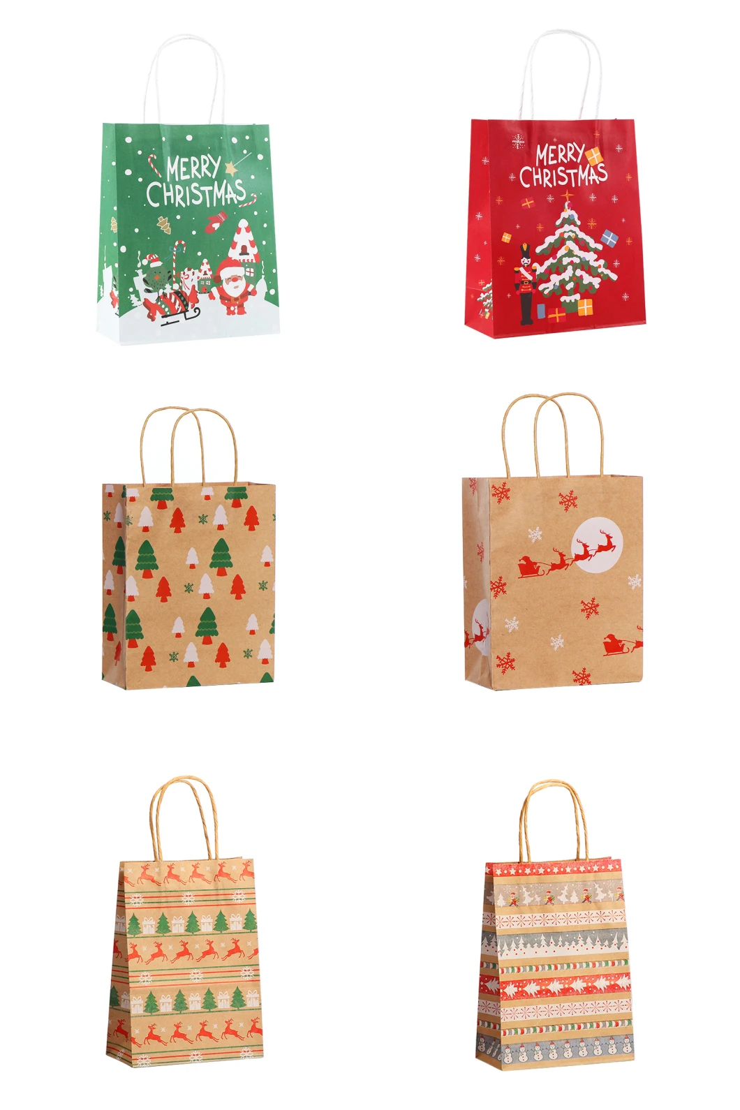 White and Brown Kraft Paper Twisted Handle Shopping Carrier Bag with Logo Printed Christmas Grocery Gift Bags
